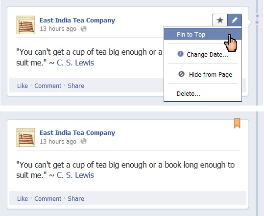 Pin a post to the top of your Facebook page like a sticky blog post.