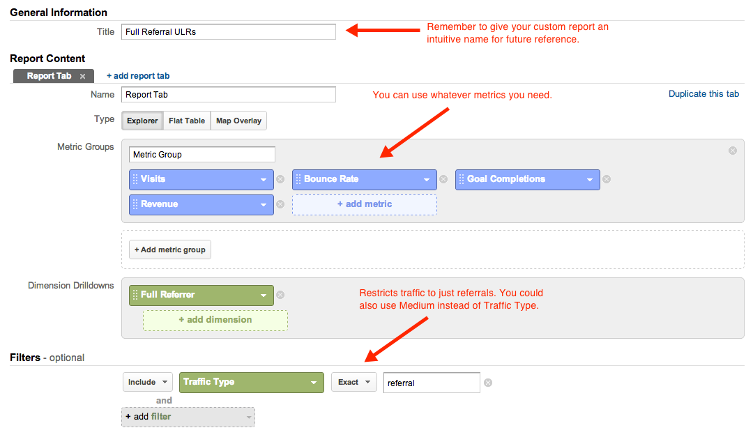 full referral custom report in Google Analytics