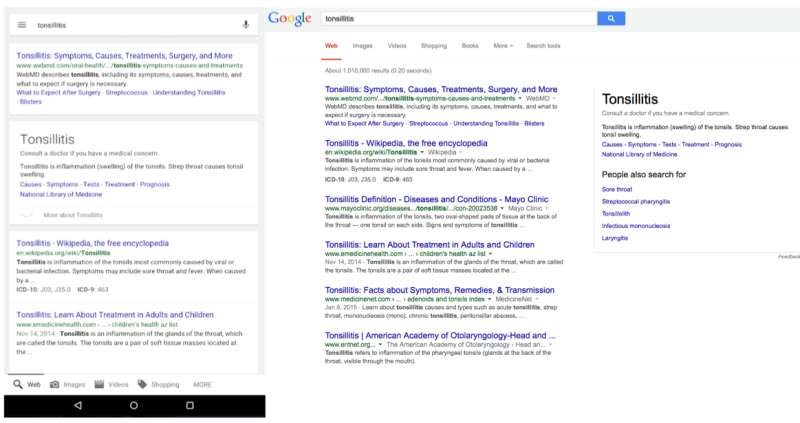 Current search results on PC and mobile for query “tonsillitis” 