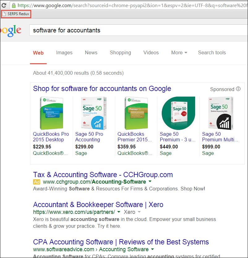 An example of a search result listing competitors.