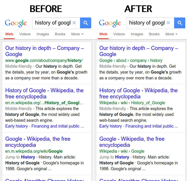 Before and after comparison from Google's latest mobile update. 