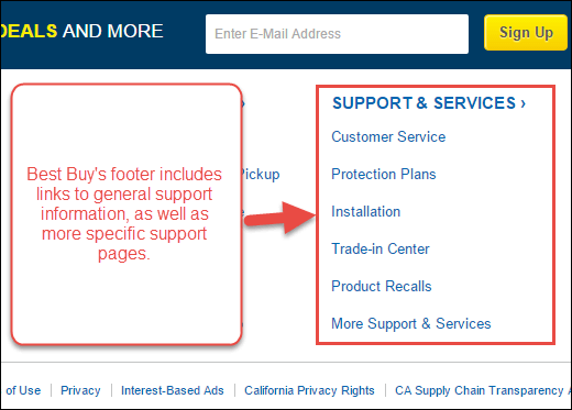 Screenshot of an example of footer links pointing to a support section and sub-pages.