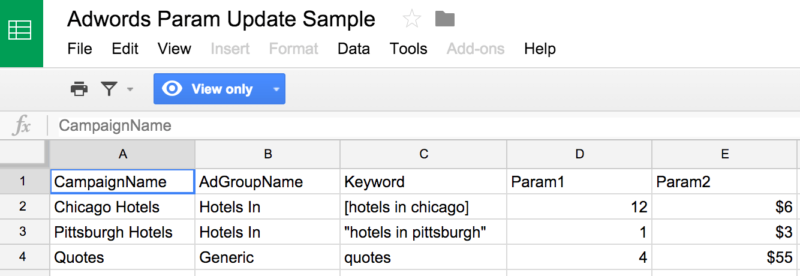 Sample spreadsheet to update ad param data using a script from FreeAdWordsScripts.com