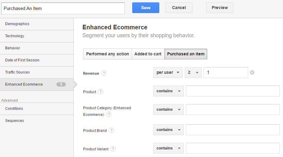 Custom Segment in Google Analytics - Item Purchased