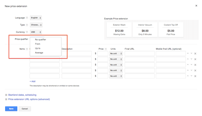 using pice qualifiers in price extensions