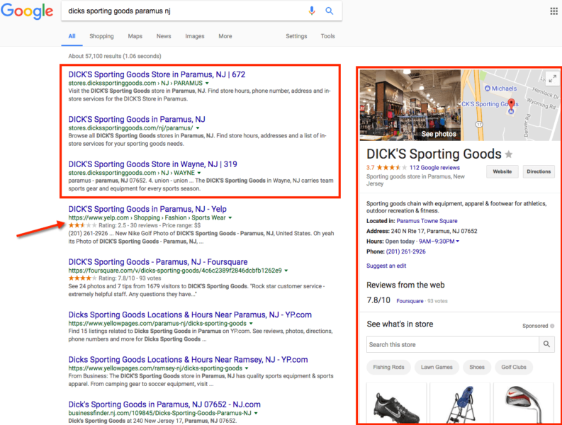 Dicks Store Landing Pages outranking Yelp