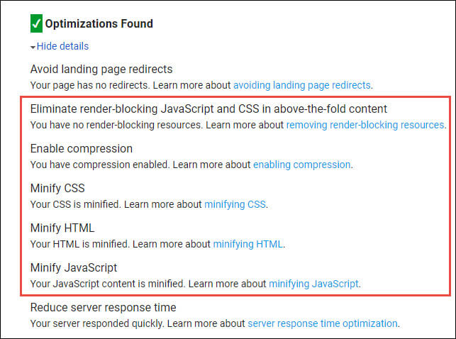 Google Page Speed Tool Optimizations Found