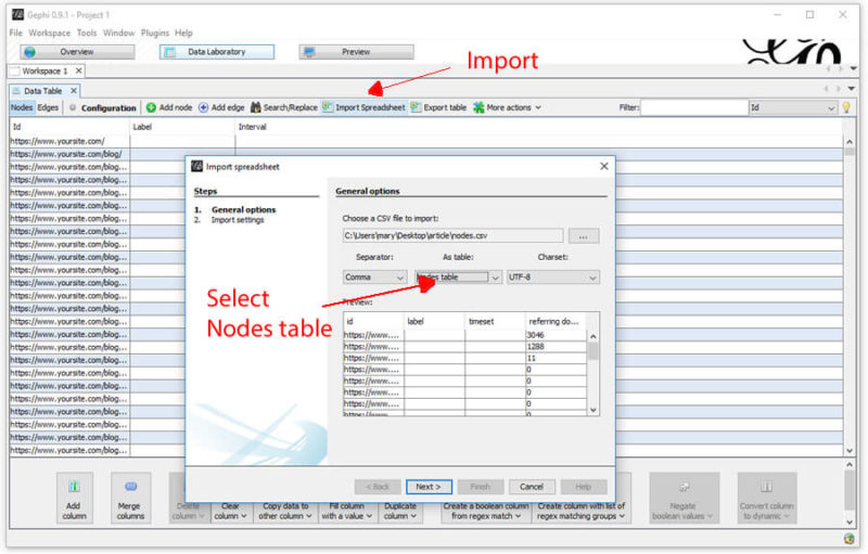 Import nodes to Gephi