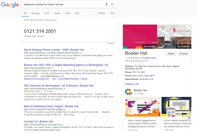 telephone number for bowler hat seo