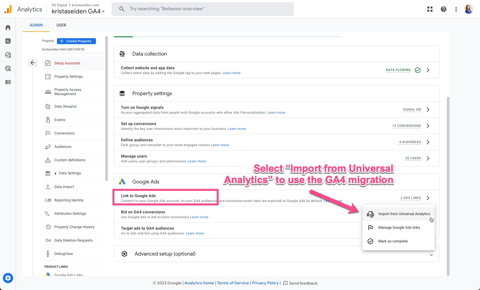 Связывание помощника по настройке GA4 с Google Рекламой