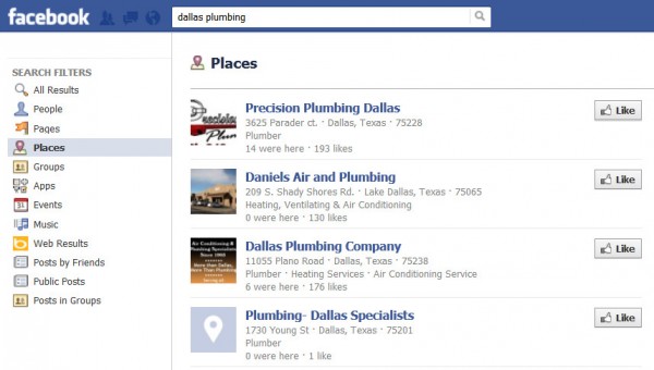 Local Search on Facebook for Dallas Plumbers