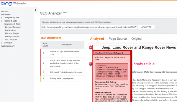 Bing webmaster tools seo analysis