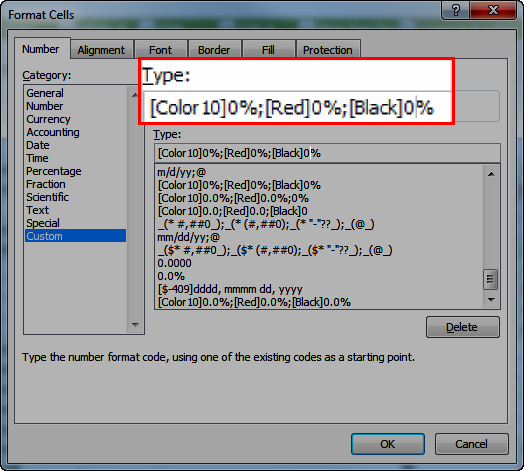 color codes for custom formatting excel