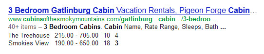 Cabins of the Smokey Mountains listing in search results