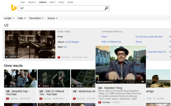 Bing music video results mouse over