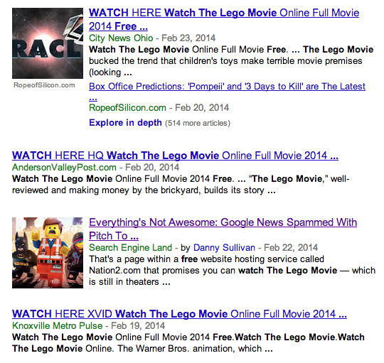 Everything S Not Awesome Google News Spammed With Pitch To Watch The Lego Movie For Free
