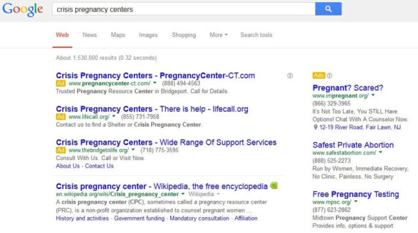 Crisis Pregnancy Center Ads on Google
