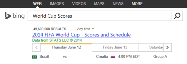 Bing World Cup schedule