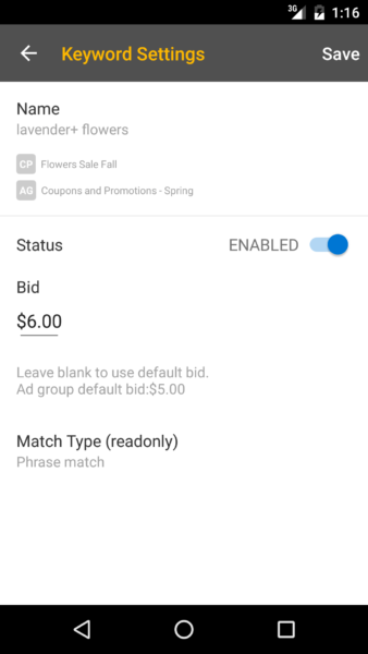 bing ads android app keyword settings