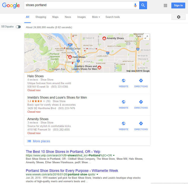 Yelp ranking for portland shoes on Google