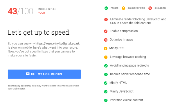 page speed report for mobile site