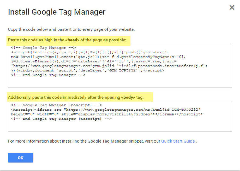 Instale o código do google tag manager no seu site