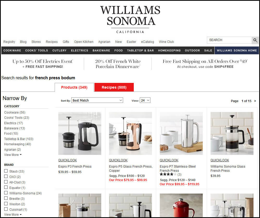 Williams-Sonoma website's Bodum French Press search results page