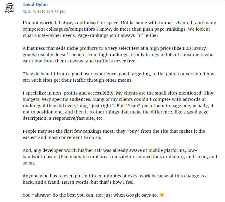 A longer comment on the page speed blog post