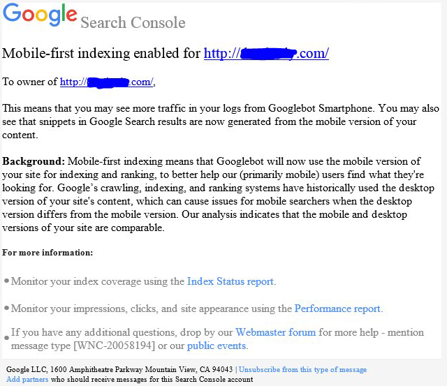 google mobile first indexing notification