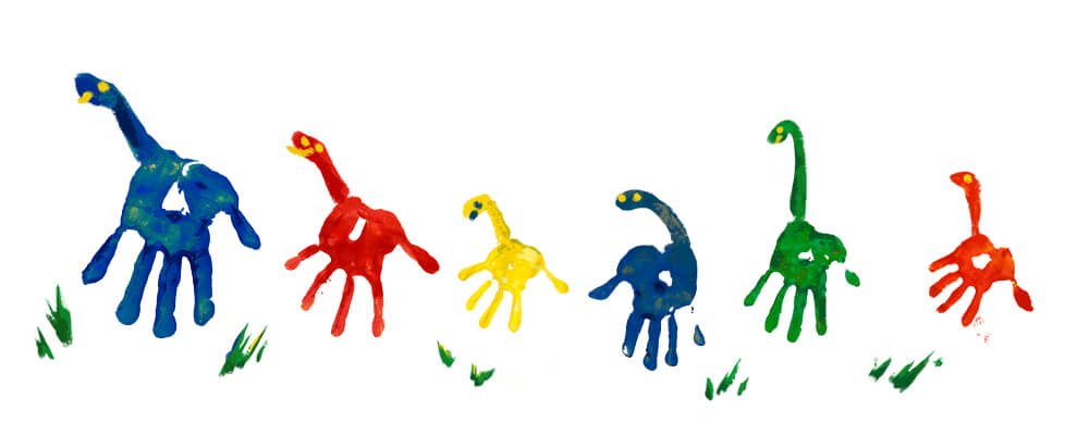 Father’s Day Google logo with colored handprints and dinosaurs