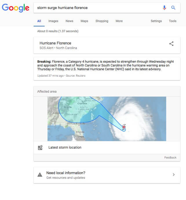 Hurricane Florence Query Shows Google Delivering Zero Search Results Again In Web Search