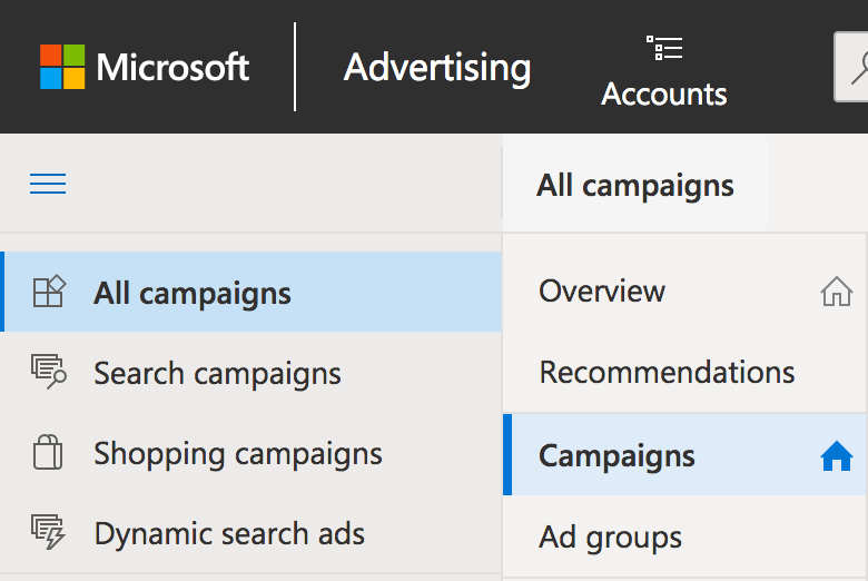 Microsoft Ads Sidebar Open