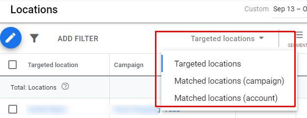 Relatórios de locais segmentados ou correspondentes no Google Ads.