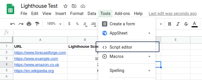 How to show Lighthouse Scores in Google Sheets with a custom function 8