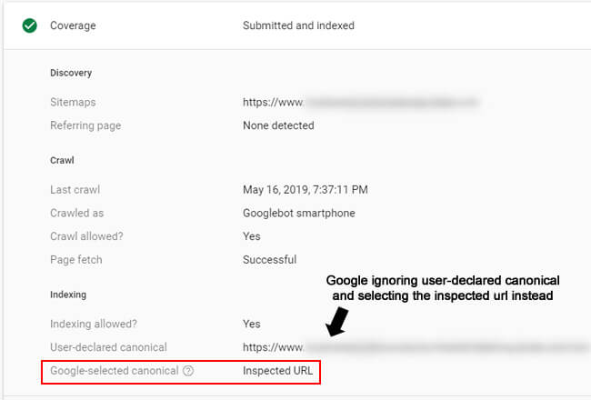 A screenshot of search console interface coverage report showing that Google ignores user-detected canonical and selects the inspected URL instead