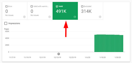 Screenshot of Google Search Console showing a site with 491,000 valid URLs.