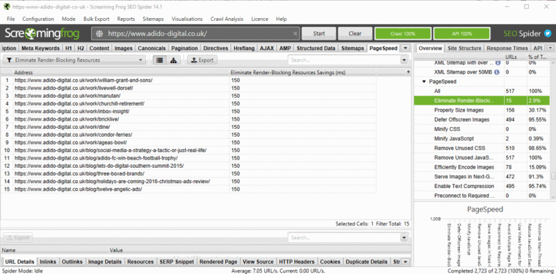 An example of how to view render-blocking resources in screaming frog.