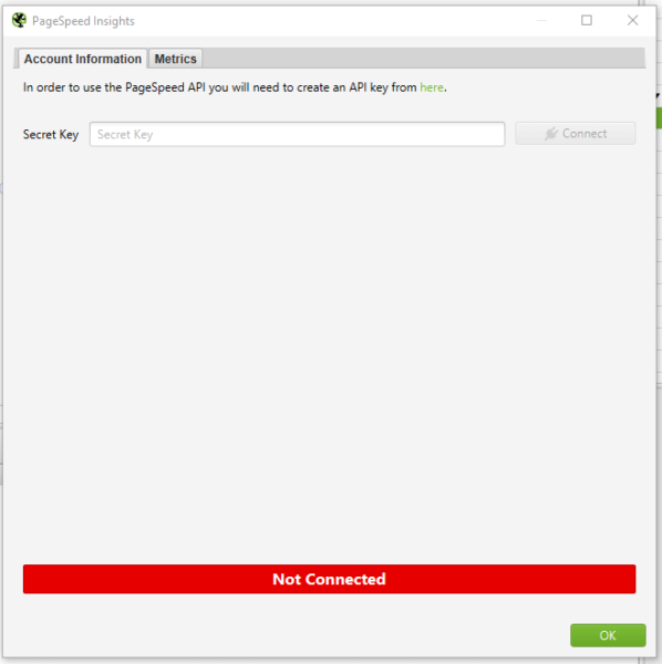 The pagespeed insights secret key input screen within screaming frog.