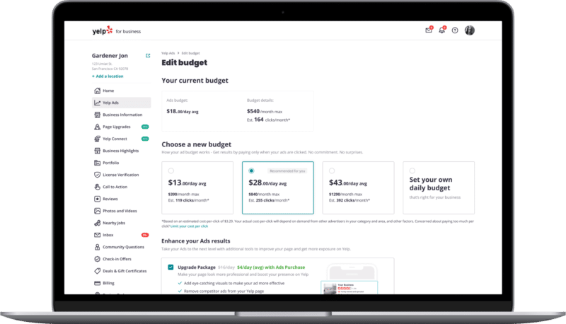 Yelp's redesigned budget editor