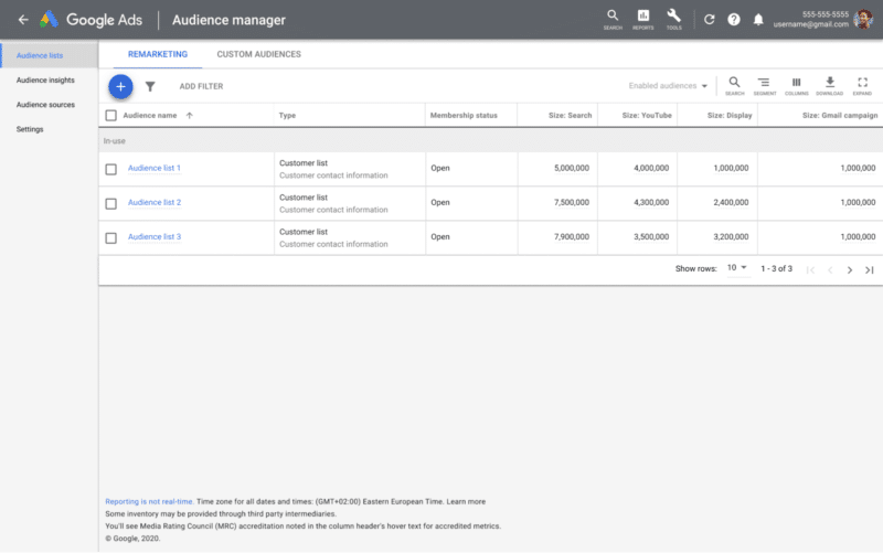 The Customer Match audience manager in Google Ads