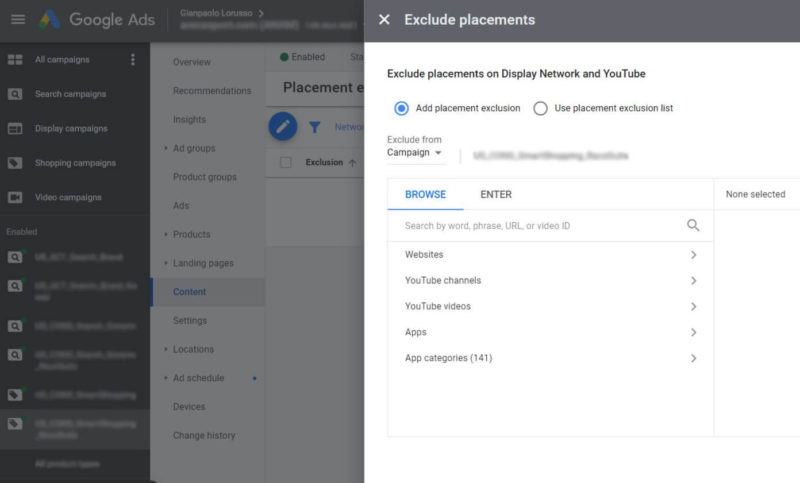 The “Exclude placements” menu in Google Ads.