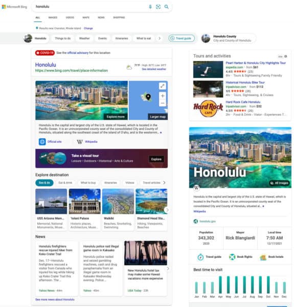 Bing travel-oriented results pages a trip-planning