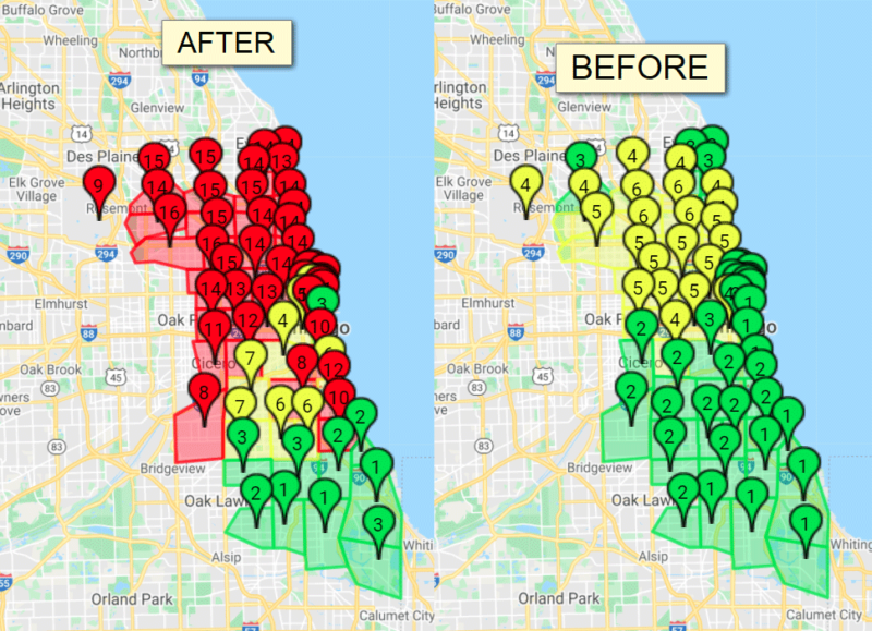Screenshots of a local business' search rankings before and after the Google November 2021 local update.