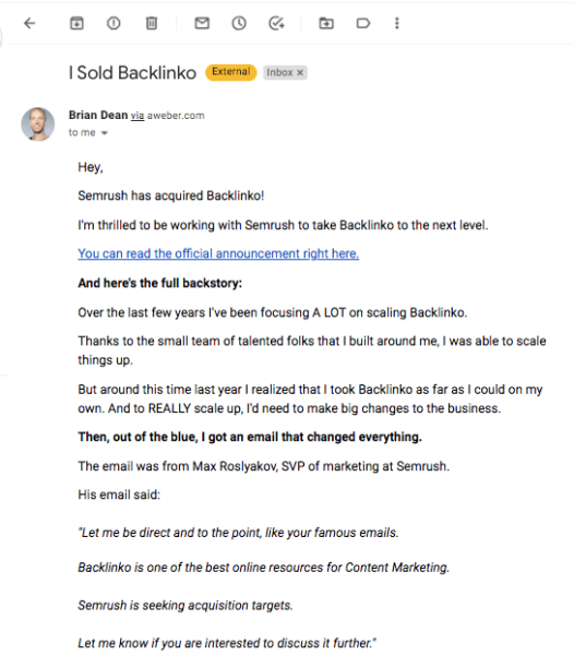 A screenshot of the email Brian Dean sent to Backlinko users.