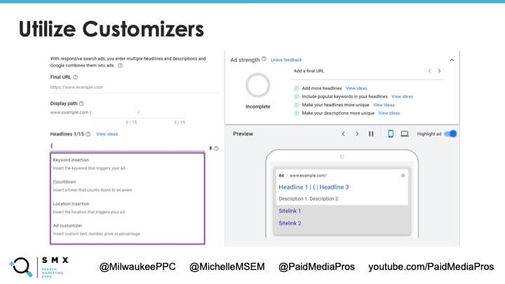 A slide showing ad customizers within RSAs.