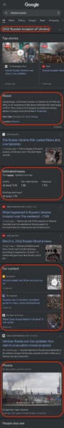 Google's 2022 Russian invasion of Ukraine search results page on mobile