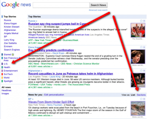 Google News Sections