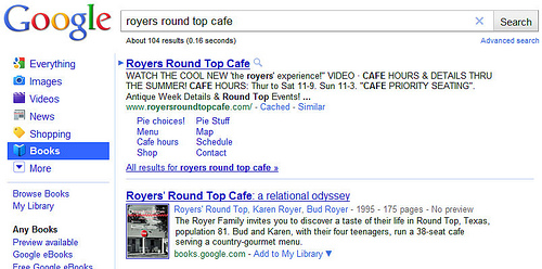 Round Top Cafe Google Book SERP