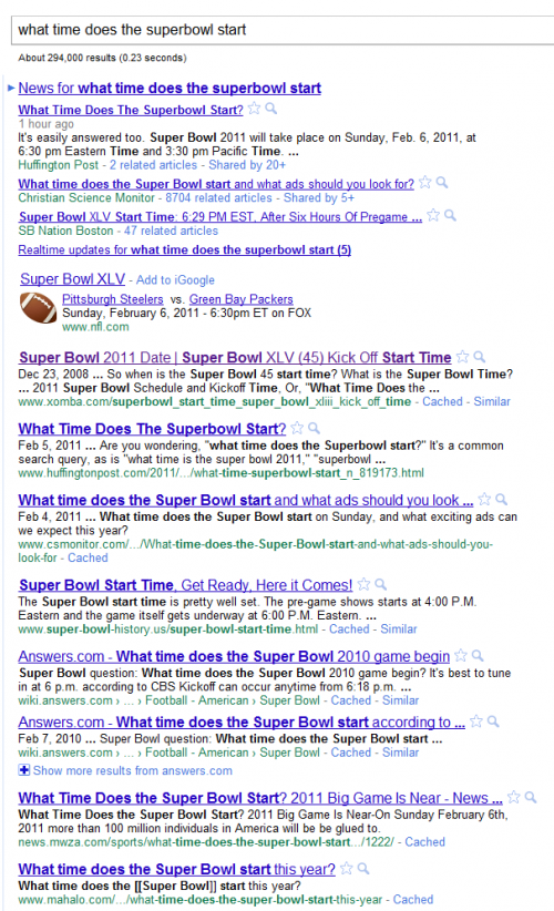 What Time Does the 2011 Super Bowl Start? A (Continuing) Lesson in Search  Visibility