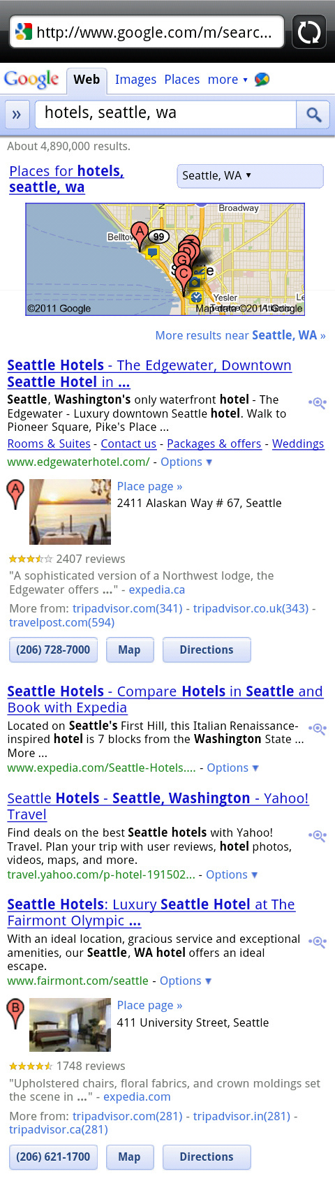 Google search results for Hotels, Seattle, WA on Android mobile phone